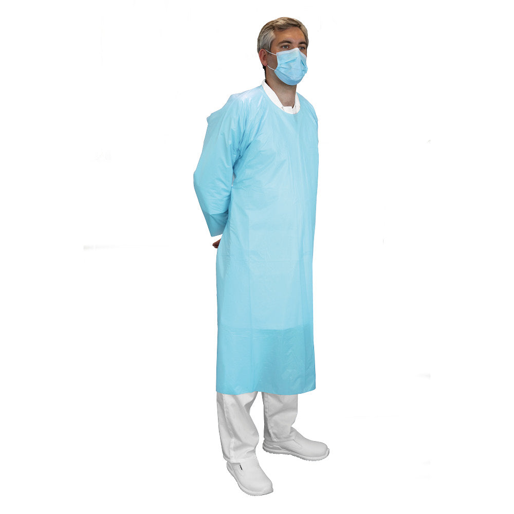 CPE GOWN WITH SLEEVES AND THUMB LOOP - BLUE - CASE OF 200