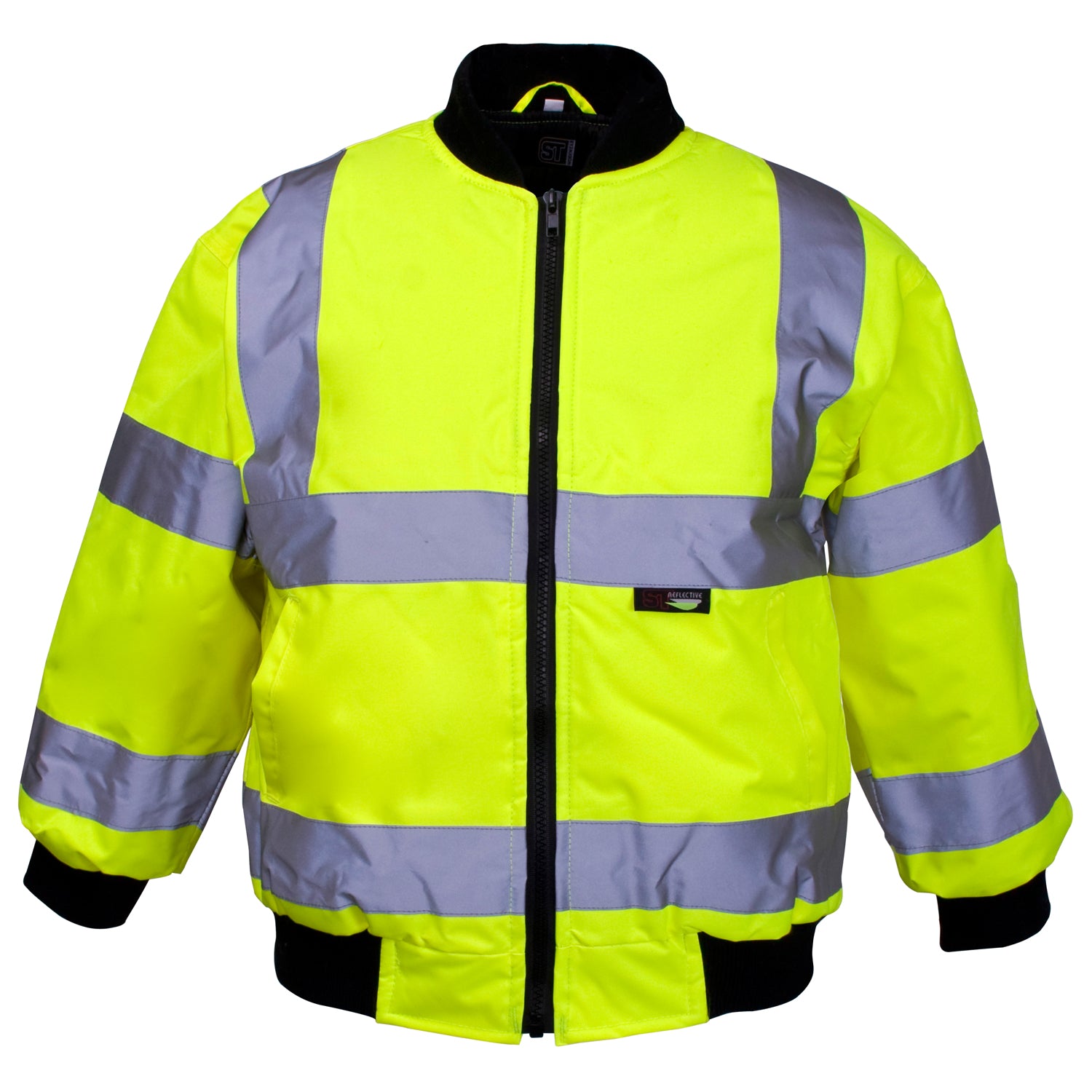 Saturn Yellow Children's Hi Vis Bomber Jacket With Black Ribbed Collar